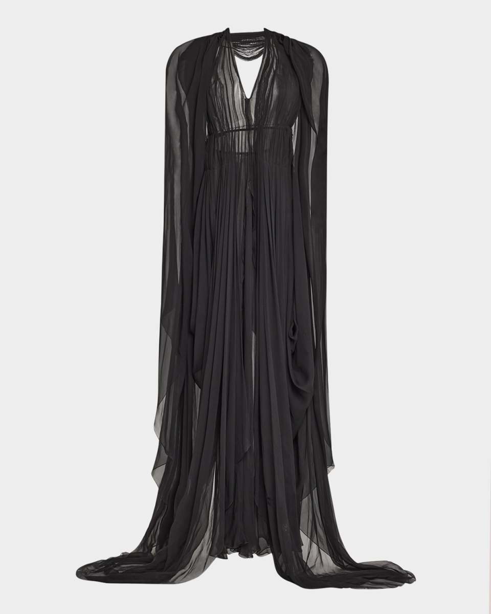 Organic Chiffon Cape-Sleeve Backless Gown
